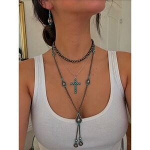 Southwestern Turquoise Silver Layered Necklace Set Cross Lariat Earrings 4pc